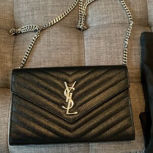 Aurhentic Yves Saint Laurent Black Chevron Crossbody Bag with silver hardware